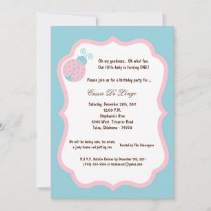 5x7 Light Blue Lady Bug Birthday Party Invite