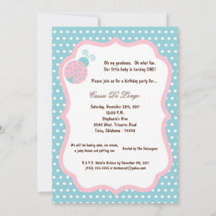 5x7 Light Blue Lady Bug Birthday Party Invite
