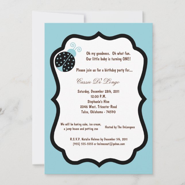 5x7 Light Blue Lady Bug Birthday Party Invite (Front)