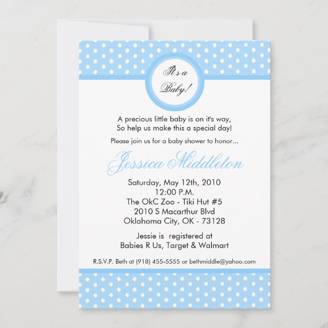 5x7 Light Blue Polka Dot Baby Shower Invitation (Front)