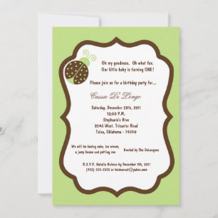 5x7 Light Green Lady Bug Birthday Party Invite