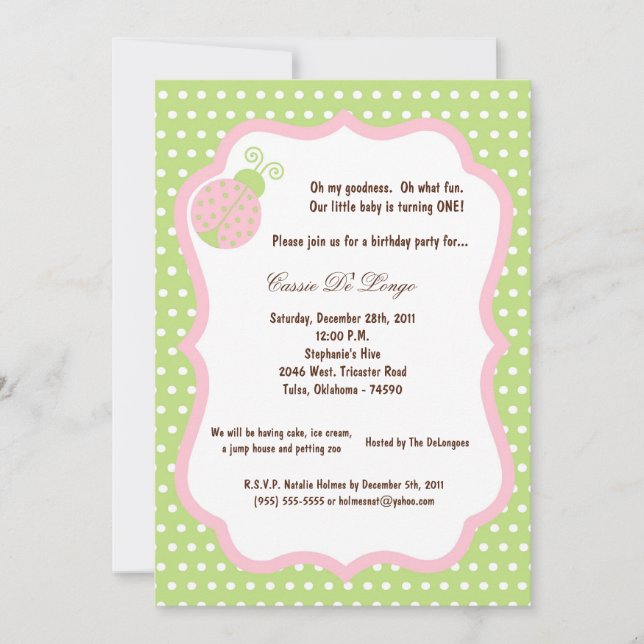 5x7 Light Green Lady Bug Birthday Party Invite (Front)
