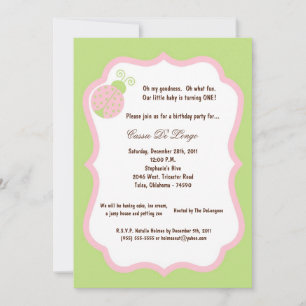 5x7 Light Green Lady Bug Birthday Party Invite