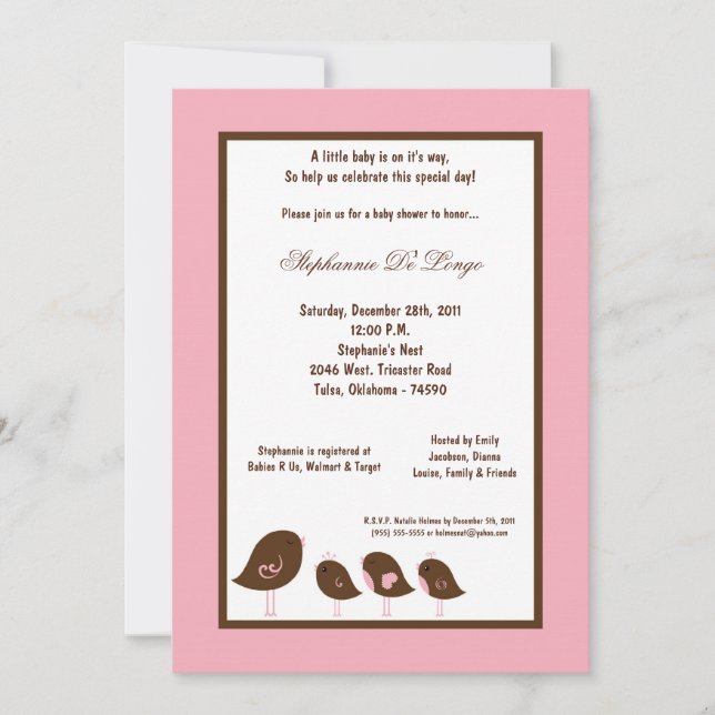 5x7 Light Pink Bird Baby Shower Invitation (Front)
