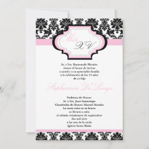 5x7 Light Pink Damask Quinceanera Invitation