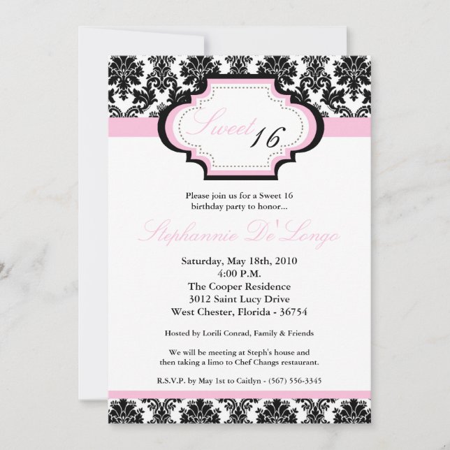 5x7 Light Pink Damask Sweet 16 Birthday Invitation (Front)