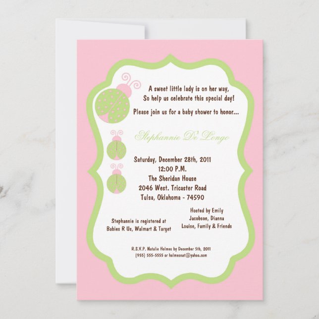 5x7 Light Pink Lady Bug Baby Shower Invitation (Front)