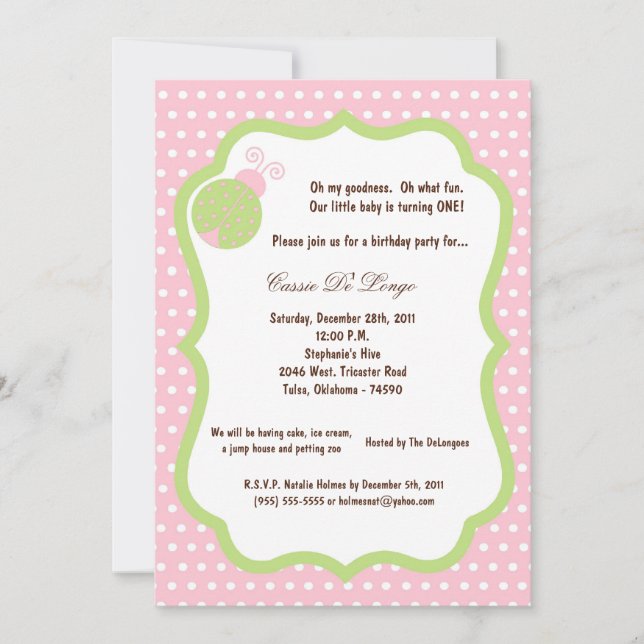 5x7 Light Pink Lady Bug Birthday Party Invite (Front)