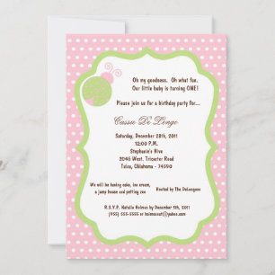 5x7 Light Pink Lady Bug Birthday Party Invite