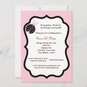 5x7 Light Pink Lady Bug Birthday Party Invite