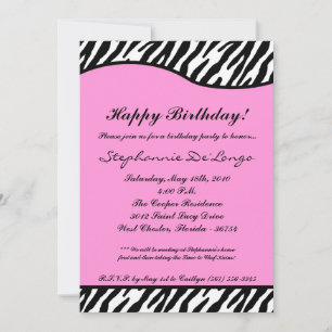 5x7 Light Pink Zebra Birthday Party Invitation