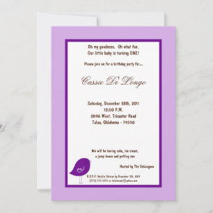 5x7 Light Purple Bird Birthday Party Invite
