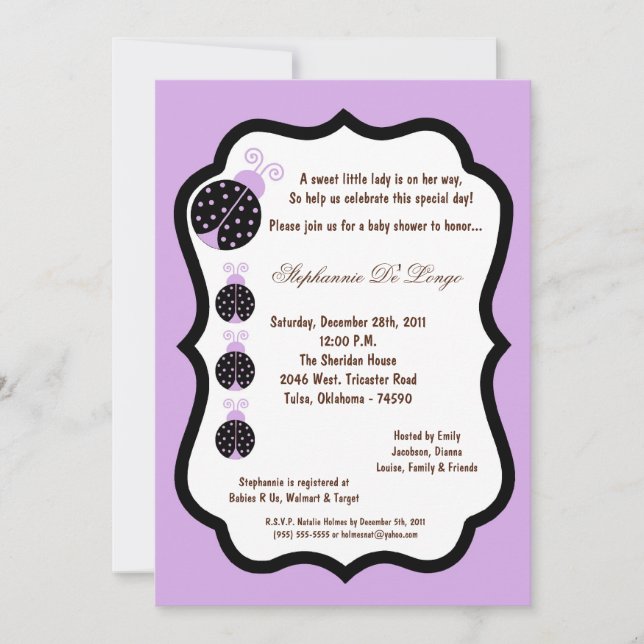 5x7 Light Purple Lady Bug Baby Shower Invitation (Front)