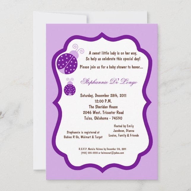 5x7 Light Purple Lady Bug Baby Shower Invitation (Front)