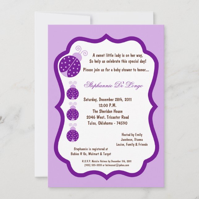 5x7 Light Purple Lady Bug Baby Shower Invitation (Front)