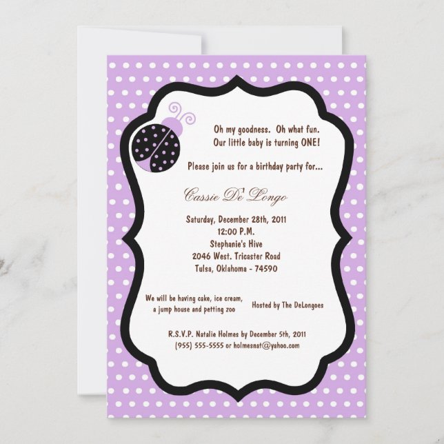 5x7 Light Purple Lady Bug Birthday Party Invite (Front)