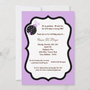 5x7 Light Purple Lady Bug Birthday Party Invite