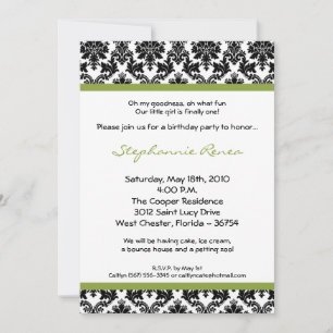 5x7 Lime Green Damask Birthday Party Invitation