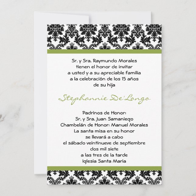 5x7 Lime Green Damask Quinceanera Invitation (Front)