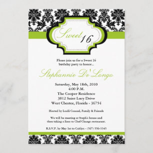 5x7 Lime Green Damask Sweet 16 Birthday Invitation
