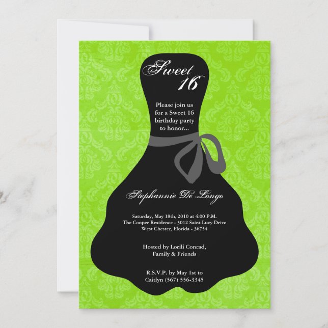5x7 Lime Green Dress Sweet 16 Birthday Invitation (Front)