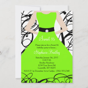 5x7 Lime Green Dress Sweet 16 Birthday Invitation
