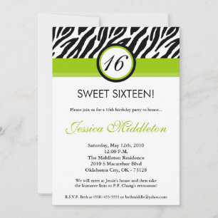 5x7 Lime Green Zebra 16th Birthday Invitation