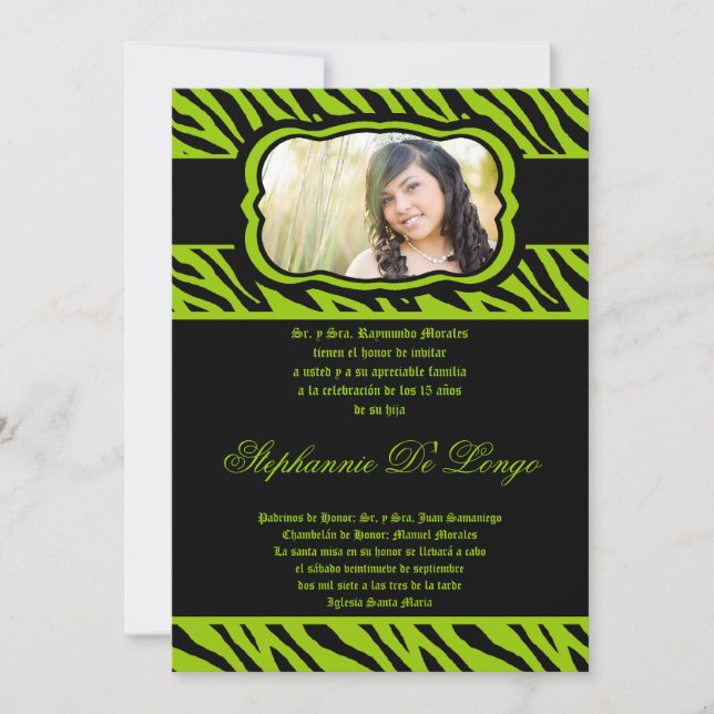 5x7 Lime Green Zebra Print Quinceanera Invitation (Front)