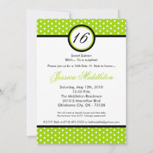 5x7 Lime White Polka Dot 16th Birthday Invitation