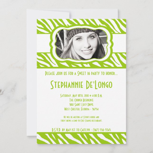 5x7 Lime Zebra PHOTO Sweet 16 Birthday Invitation (Front)