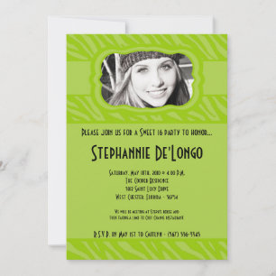 5x7 Lime Zebra PHOTO Sweet 16 Birthday Invitation