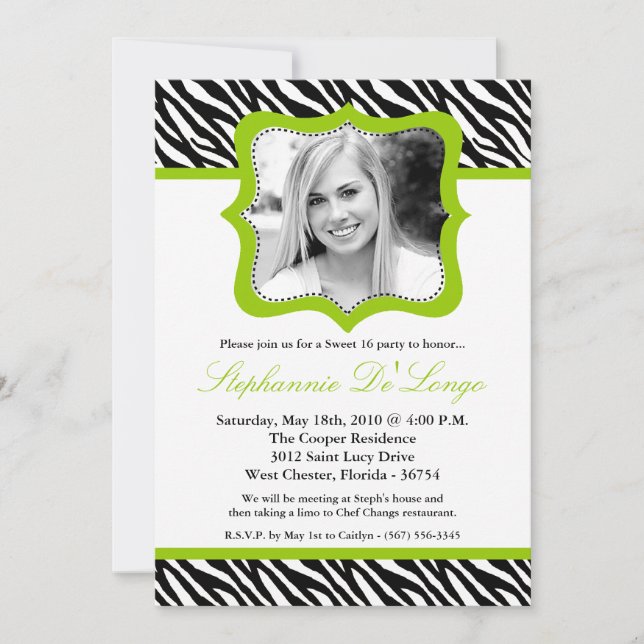5x7 Lime Zebra PHOTO Sweet 16 Birthday Invitation (Front)