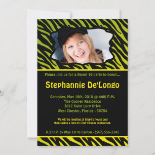 5x7 Lime Zebra PHOTO Sweet 16 Birthday Invitation