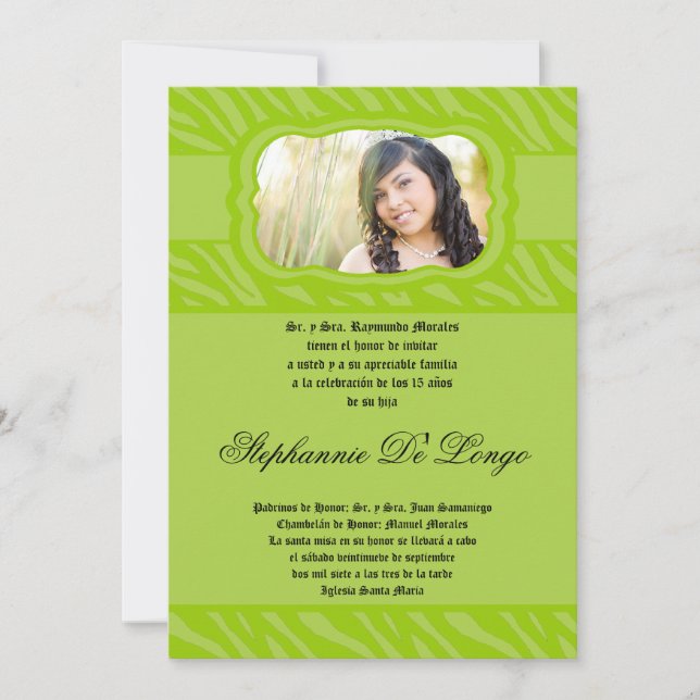 5x7 Lime Zebra Print Patter Quinceanera Invitation (Front)
