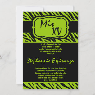 5x7 Lime Zebra Print Quinceanera 15 Invitation