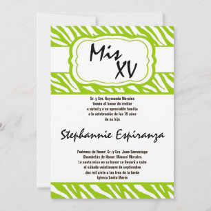 5x7 Lime Zebra Print Quinceanera 15 Invitation