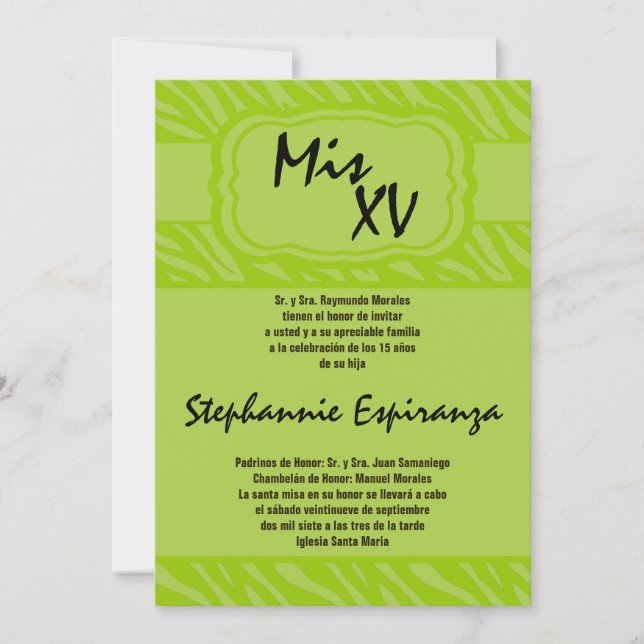 5x7 Lime Zebra Print Quinceanera 15 Invitation (Front)