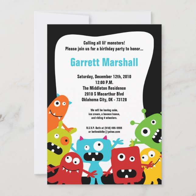5x7 Little Monsters Birthday Invitation (Front)