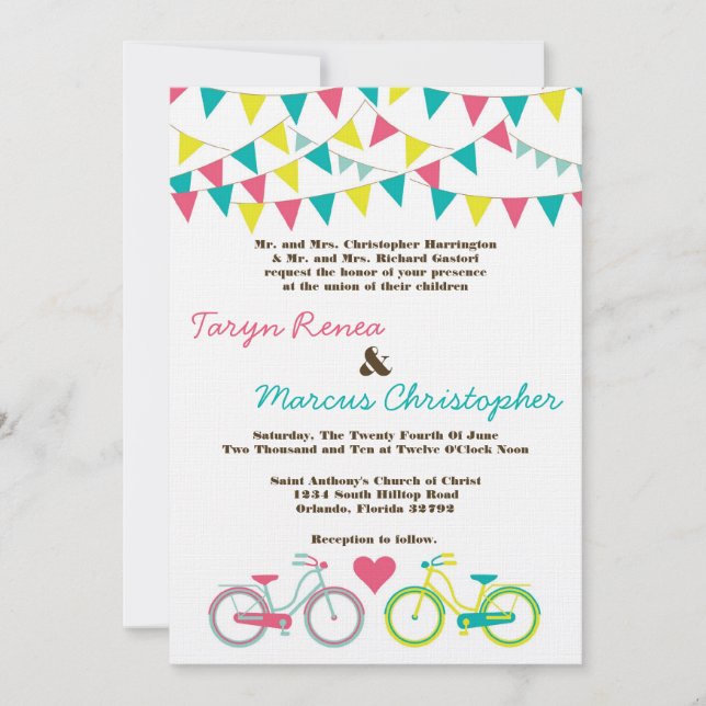5x7 Lovers Bike Bicycle Carniva Wedding Invitation (Front)
