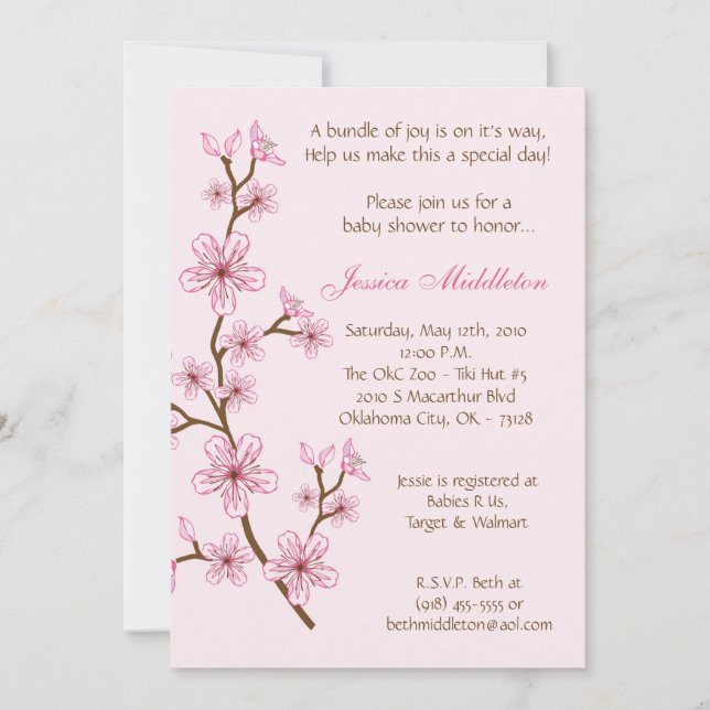 5x7 Lt Pink Cherry Blossom Baby Shower Invitation (Front)