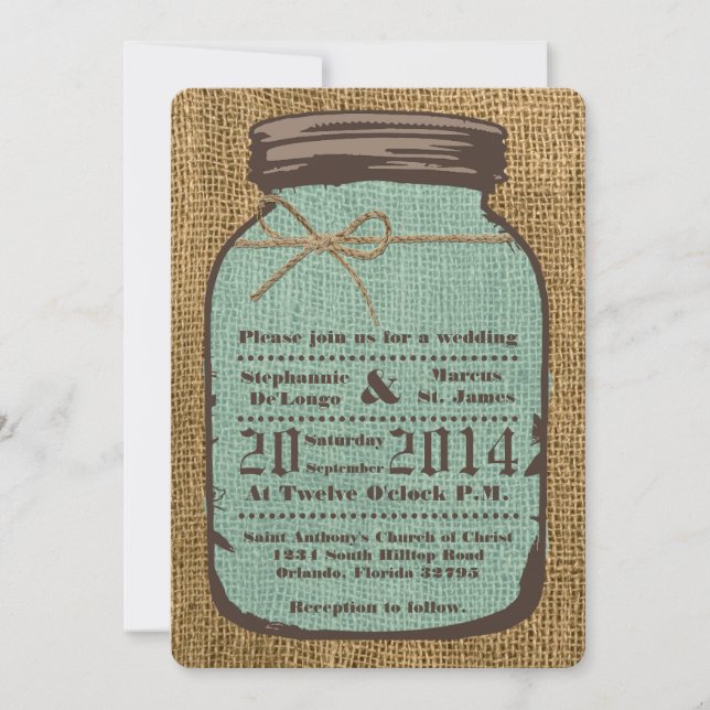 5x7 Mason Jar Burlap Country Wedding Invitation (Front)