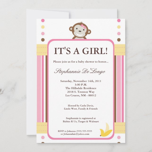 5x7 Mod Monkey Pink Jungle Baby Shower Invitation (Front)