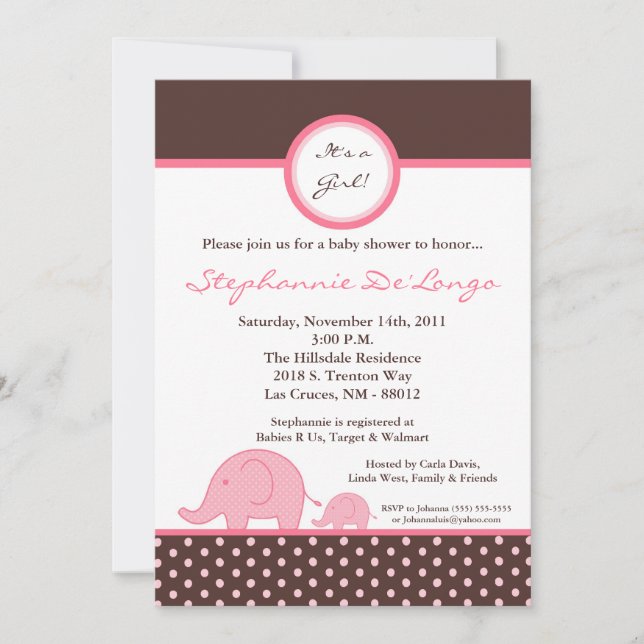 5x7 Mod Pink Girly Elephant Baby Shower Invitation (Front)