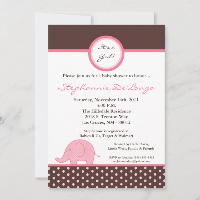 5x7 Mod Pink Girly Elephant Baby Shower Invitation (Front)