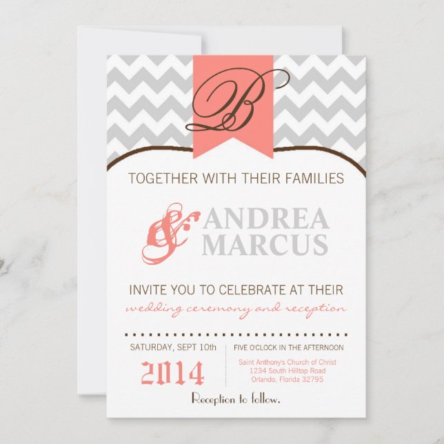 5x7 Modern Chevron Stripe Coral Wedding Invitation (Front)