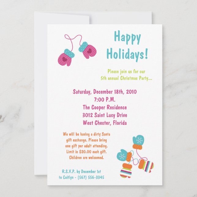5x7 Modern Colour Mitten Christmas Party Invitatio Invitation (Front)
