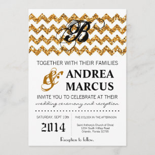 5x7 Modern Gold Glitter Chevron Wedding Invitation