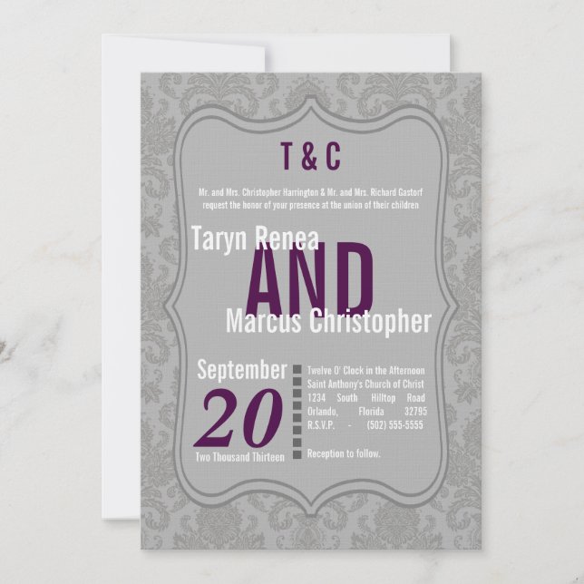 5x7 Modern Grey Damask Purple Wedding Invitation (Front)
