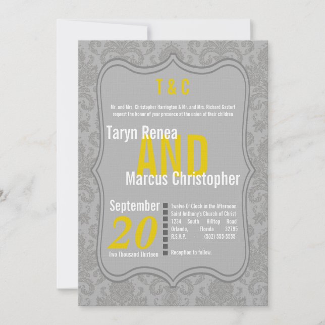 5x7 Modern Grey Damask Yellow Wedding Invitation (Front)