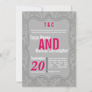 5x7 Modern Grey Hot Pink Damask Wedding Invitation
